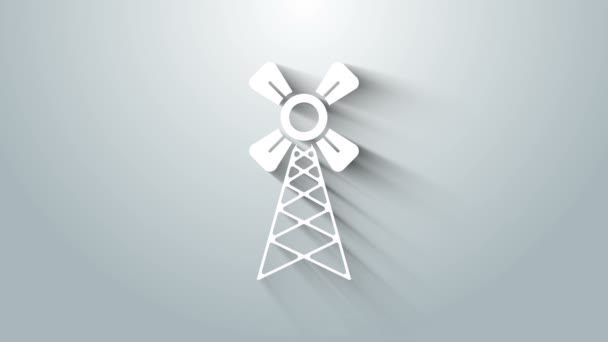 Ícone de moinho de vento branco isolado em fundo cinza. Animação gráfica em movimento de vídeo 4K — Vídeo de Stock