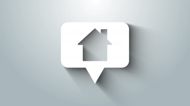 Witte wijzer met huispictogram geïsoleerd op grijze achtergrond. Markeringssymbool voor de thuislocatie. 4K Video motion grafische animatie — Stockvideo
