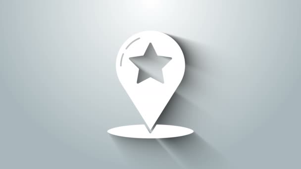 White Map pointer with star icon isolated on grey background. Star favorite pin map icon. Map markers. 4K Video motion graphic animation — Stock Video