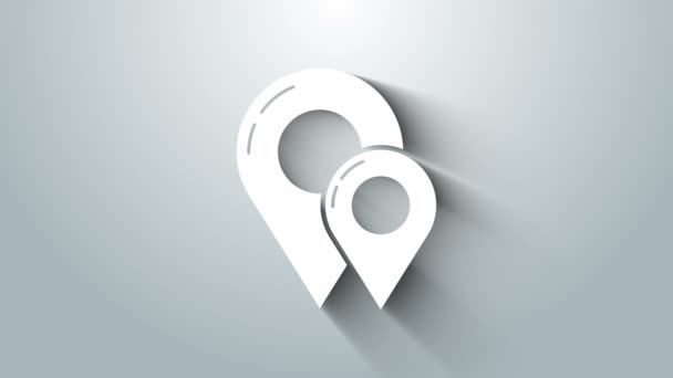 Λευκό εικονίδιο καρφίτσας χάρτη απομονωμένο σε γκρι φόντο. Πλοήγηση, δείκτης, τοποθεσία, χάρτης, GPS, κατεύθυνση, θέση, πυξίδα, επαφή, αναζήτηση έννοια. 4K Γραφική κίνηση κίνησης βίντεο — Αρχείο Βίντεο
