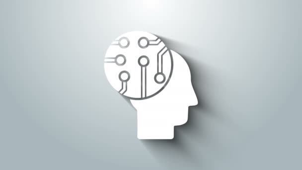 Cérebro humano branco como ícone de placa de circuito digital isolado em fundo cinza. Cabeça humana contorno com linhas de circuito dentro. Animação gráfica em movimento de vídeo 4K — Vídeo de Stock