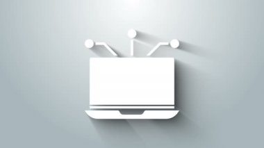 Gri arkaplanda beyaz dizüstü bilgisayar simgesi izole edildi. Teknoloji ve cihazlar konsepti... 4K Video hareketli grafik animasyonu