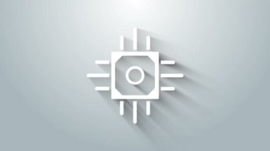 Gri arkaplanda beyaz İşlemci simgesi izole edildi. İşlemci, merkezi işlem birimi, mikroçip, mikro devre, bilgisayar işlemcisi, çip. 4K Video hareketli grafik canlandırması