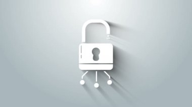 Gri arka planda beyaz siber güvenlik simgesi izole edildi. Dijital devre kartında kapalı asma kilit. Güvenlik kavramı. Dijital veri koruması. 4K Video hareketli grafik canlandırması