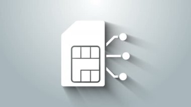 Beyaz Sim kart simgesi gri arkaplanda izole edildi. Cep telefonu sim kart çipi. Mobil telekomünikasyon teknolojisi sembolü. 4K Video hareketli grafik canlandırması