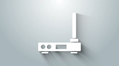 Beyaz Yönlendirici ve Wi-Fi sinyal simgesi gri arkaplanda izole edilmiş. Kablosuz ethernet modem yönlendirici. Bilgisayar teknolojisi interneti. 4K Video hareketli grafik canlandırması