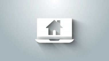 Beyaz dizüstü bilgisayar ve akıllı ev simgesi gri arkaplanda izole edildi. Uzaktan kumanda. 4K Video hareketli grafik canlandırması