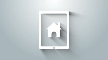 Beyaz Tablet ve akıllı ev simgesi gri arkaplanda izole edilmiş. Uzaktan kumanda. 4K Video hareketli grafik canlandırması