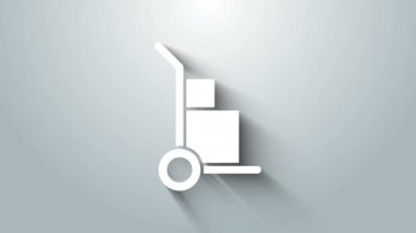 Beyaz El kamyonu ve gri arka planda izole edilmiş kutu simgesi. Dolly sembolü. 4K Video hareketli grafik canlandırması