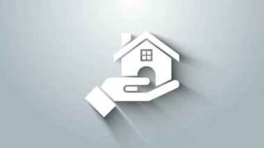 Beyaz emlakçı simgesi gri arkaplanda izole edildi. Ev almak. 4K Video hareketli grafik canlandırması