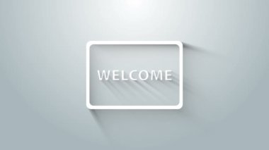 Metin içeren beyaz kapı paspası Gri arkaplanda izole edilmiş karşılama simgesi. Hoş geldin tabelası. 4K Video hareketli grafik canlandırması