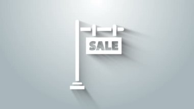 Gri arkaplanda mesaj satışı simgesi olan beyaz asma işareti. Mesaj indirimli tabela. 4K Video hareketli grafik canlandırması