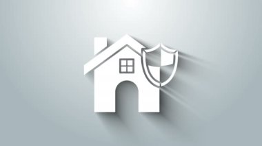 Beyaz Saray 'ın gri arka planında bir kalkan ikonu var. Sigorta konsepti. Güvenlik, güvenlik, koruma, konsept koruma. 4K Video hareketli grafik canlandırması