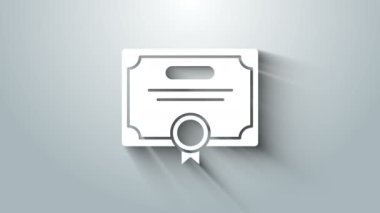 Gri arkaplanda beyaz sertifika şablonu simgesi izole edildi. Başarı, ödül, diploma, burs, diploma. İş başarısı sertifikası 4K Video hareketli grafik canlandırması