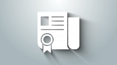 Gri arkaplanda beyaz sertifika şablonu simgesi izole edildi. Başarı, ödül, diploma, burs, diploma. İş başarısı sertifikası 4K Video hareketli grafik canlandırması