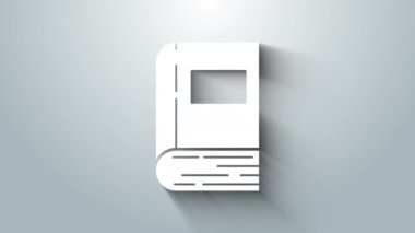 Beyaz Kitap simgesi gri arkaplanda izole edildi. 4K Video hareketli grafik canlandırması