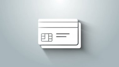 Gri arkaplanda beyaz kredi kartı simgesi izole edildi. Çevrimiçi ödeme. Nakit çekilmesi. Finansal operasyonlar. Alışveriş tabelası. 4K Video hareketli grafik canlandırması