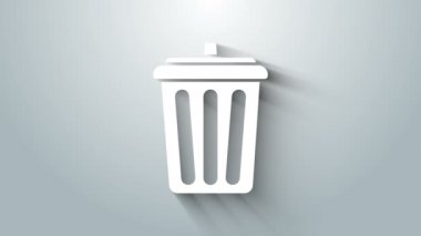 Beyaz Çöp Kutusu simgesi gri arkaplanda izole edildi. Çöp kutusu tabelası. Sepet simgesini geri dönüştür. Ofis çöpü ikonu. 4K Video hareketli grafik canlandırması