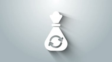 Gri arkaplanda geri dönüşüm sembolü olan beyaz çöp torbası. Çöp kutusu simgesi. Geri dönüşüm sepeti işareti. 4K Video hareketli grafik canlandırması