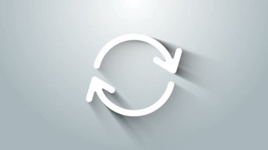 Beyaz Refresh simgesi gri arkaplanda izole edildi. Sembolü yeniden yükle. Döndürme okları daire işareti şeklinde. 4K Video hareketli grafik canlandırması