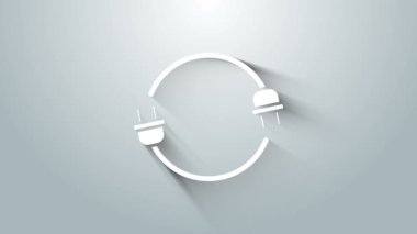 Gri arkaplanda beyaz elektrik prizi simgesi izole edildi. Bağlantı kavramı ve elektriğin kesilmesi. 4K Video hareketli grafik canlandırması
