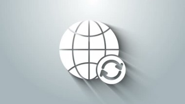 Beyaz Gezegen Dünyası ve gri arka planda izole edilmiş bir geri dönüşüm ikonu. Çevresel konsept. 4K Video hareketli grafik canlandırması