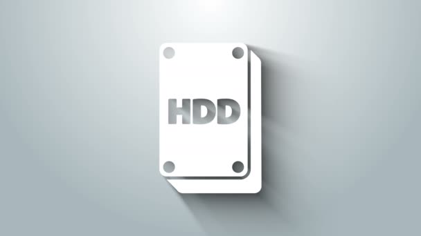 Bílá ikona pevného disku HDD izolovaná na šedém pozadí. Grafická animace pohybu videa 4K — Stock video