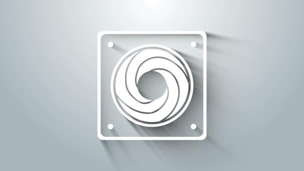 Biała ikona chłodziarki komputerowej izolowana na szarym tle. Wentylator sprzętu komputerowego. 4K Animacja graficzna ruchu wideo — Wideo stockowe