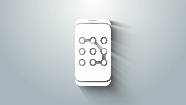 Bílý Mobilní telefon a grafické heslo ikona izolované na šedém pozadí. Zabezpečení, bezpečnost, osobní přístup, oprávnění uživatele. Grafická animace pohybu videa 4K — Stock video
