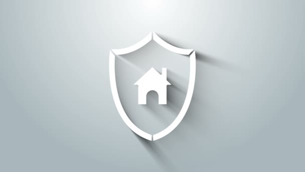 Casa Blanca con icono de escudo aislado sobre fondo gris. Concepto de seguro. Seguridad, seguridad, protección, concepto de protección. Animación gráfica de vídeo 4K — Vídeos de Stock