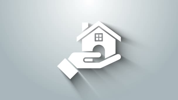 Icono blanco del agente inmobiliario aislado sobre fondo gris. Comprando casa. Animación gráfica de vídeo 4K — Vídeo de stock