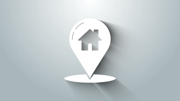 Λευκό δείκτη Χάρτης με σπίτι εικονίδιο απομονώνονται σε γκρι φόντο. Σύμβολο της αρχικής θέσης. 4K Γραφική κίνηση κίνησης βίντεο — Αρχείο Βίντεο
