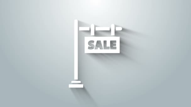 Белый висячий знак с иконкой продажи текста изолирован на сером фоне. Доска с текстом Sale. Видеографическая анимация 4K — стоковое видео