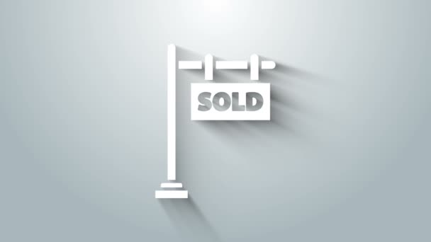 Bílá Závěsná značka s textem Prodané ikony izolované na šedém pozadí. Prodané samolepky. Prodáno na tabuli. Grafická animace pohybu videa 4K — Stock video
