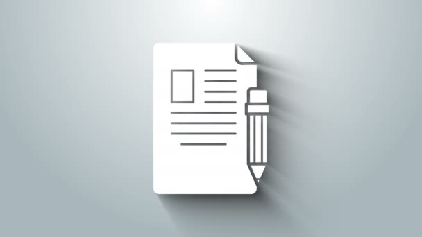 Bílý list a tužka s gumovou ikonou izolované na šedém pozadí. Testovací papír, zkouška, nebo průzkum koncepce. Školní test nebo zkouška. Grafická animace pohybu videa 4K — Stock video