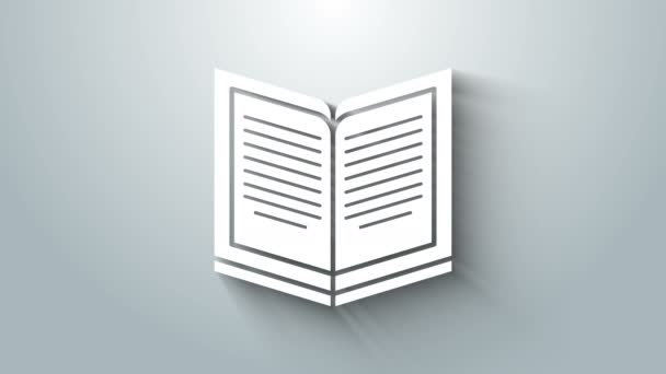 Bílá ikona Otevřít knihu izolovaná na šedém pozadí. Grafická animace pohybu videa 4K — Stock video