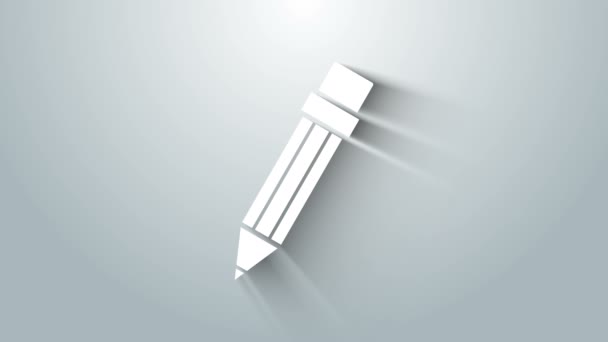 Bílá tužka s gumovou ikonou izolovanou na šedém pozadí. Kreslicí a vzdělávací nástroje. Symbol školního úřadu. Grafická animace pohybu videa 4K — Stock video