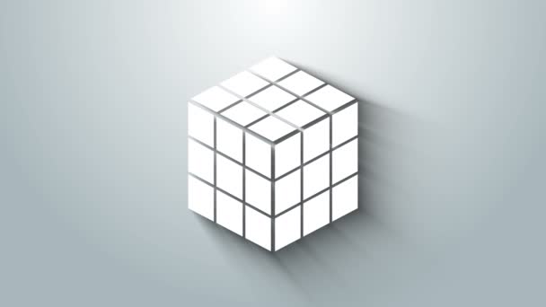 Vit Rubik kub ikon isolerad på grå bakgrund. Mekaniska pusselleksaker. Rubiks kub 3D-kombination pussel. 4K Video motion grafisk animation — Stockvideo