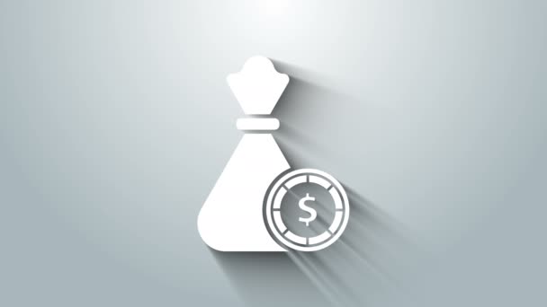 Λευκό χρήματα τσάντα και μάρκες καζίνο εικονίδιο απομονώνονται σε γκρι φόντο. Δολάριο ή σύμβολο USD. Ταμειακή Τράπεζα σύμβολο νόμισμα. 4K Γραφική κίνηση κίνησης βίντεο — Αρχείο Βίντεο