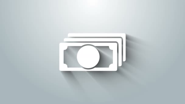 White Stacks χάρτινο χρήμα εικονίδιο μετρητών απομονώνονται σε γκρι φόντο. Τα χαρτονομίσματα στοιβάζονται. Λογαριασμό. 4K Γραφική κίνηση κίνησης βίντεο — Αρχείο Βίντεο