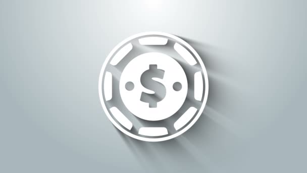 Chip de casino branco com ícone de símbolo de dólar isolado em fundo cinza. Jogo de casino. Animação gráfica em movimento de vídeo 4K — Vídeo de Stock