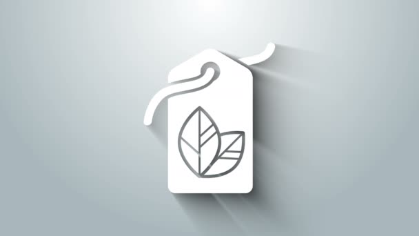 Gri arkaplanda yaprak sembolü olan beyaz etiket. Pankart, etiket, etiket, logo, çevre yeşili etiketi. 4K Video hareketli grafik canlandırması — Stok video