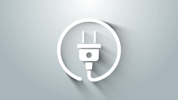 Icona spina elettrica bianca isolata su sfondo grigio. Concetto di connessione e disconnessione dell'elettricità. Animazione grafica 4K Video motion — Video Stock