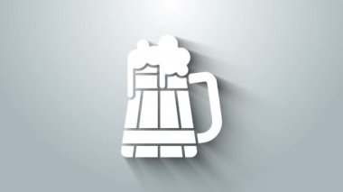 Gri arkaplanda beyaz ahşap bira bardağı ikonu var. 4K Video hareketli grafik canlandırması