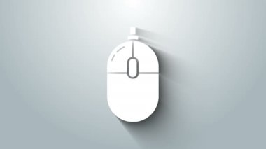 Beyaz Bilgisayar faresi simgesi gri arkaplanda izole edildi. Tekerlek sembollü optik. 4K Video hareketli grafik canlandırması