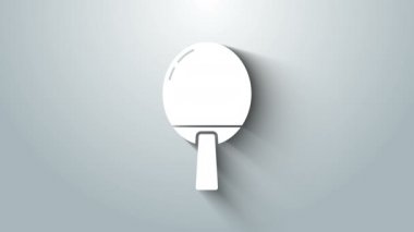 Masa tenisi ikonunu oynamak için beyaz raket gri arka planda izole edilmiş. 4K Video hareketli grafik canlandırması