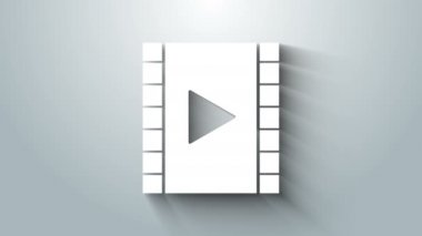 Gri arkaplanda beyaz oyun video simgesi izole edildi. Oyun işaretli film şeridi. 4K Video hareketli grafik canlandırması