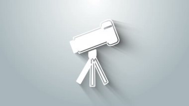 Beyaz Teleskop simgesi gri arkaplanda izole edildi. Bilimsel bir alet. Eğitim ve astronomi elementi, dürbün ve çalışma yıldızları. 4K Video hareketli grafik canlandırması