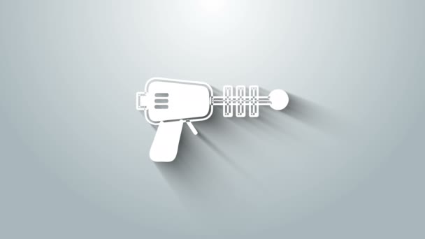 White Ray gun icon isolated on grey background. Laser weapon. Space blaster. 4K Video motion graphic animation — Stock Video