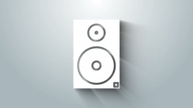 Beyaz Stereo hoparlör simgesi gri arkaplanda izole edildi. Ses sistemi hoparlörleri. Müzik ikonu. Müzikal sütun hoparlörü. 4K Video hareketli grafik canlandırması